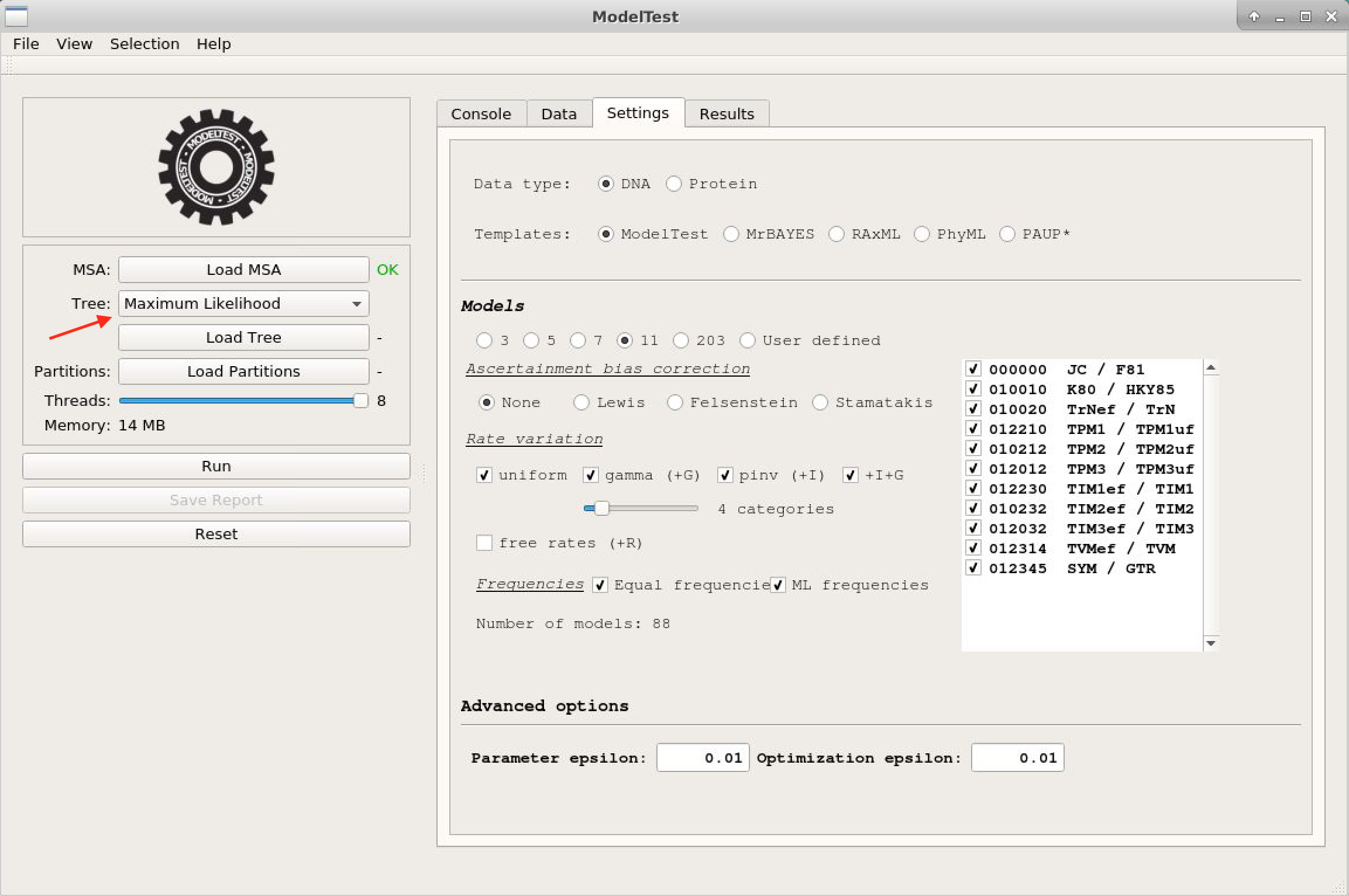 ModelTest-NG - Settings